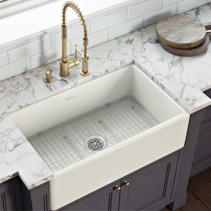 Fiamma Ruvati 33" x 20" Fireclay Reversible Farmhouse Apron-Front Kitchen Sink Single Bowl – Biscuit – Model# RVL2300BS
