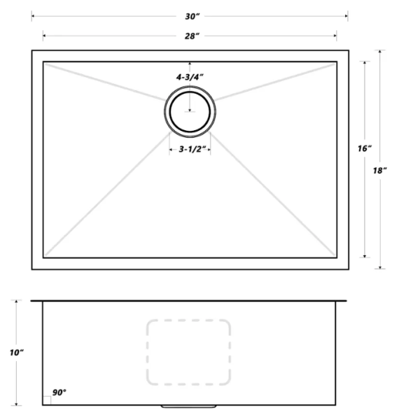 Undermount Stainless Steel Zero Radius Kitchen/Laundry Sink 30" X 18" X 10" 16 Gauge