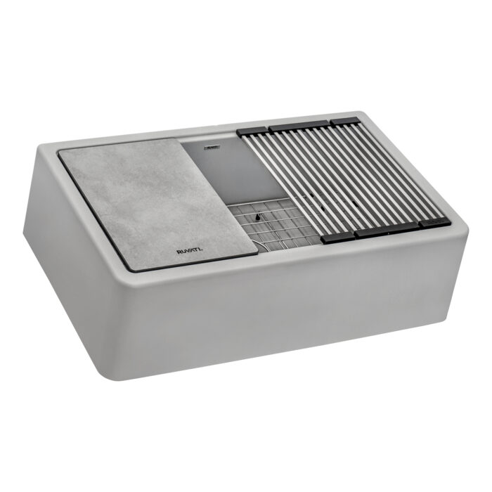 epiCast Ruvati 33-inch Matte Gray Granite Farmhouse Workstation Apron-front Composite Kitchen Sink – Model# RVG1533GR