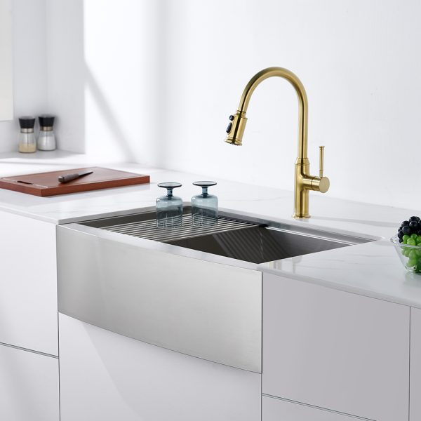 Oakland 33″ Workstation Farmhouse Kitchen Sink 90 Degree Square with Curved Front In Stainless Steel Model# WSF332110SS