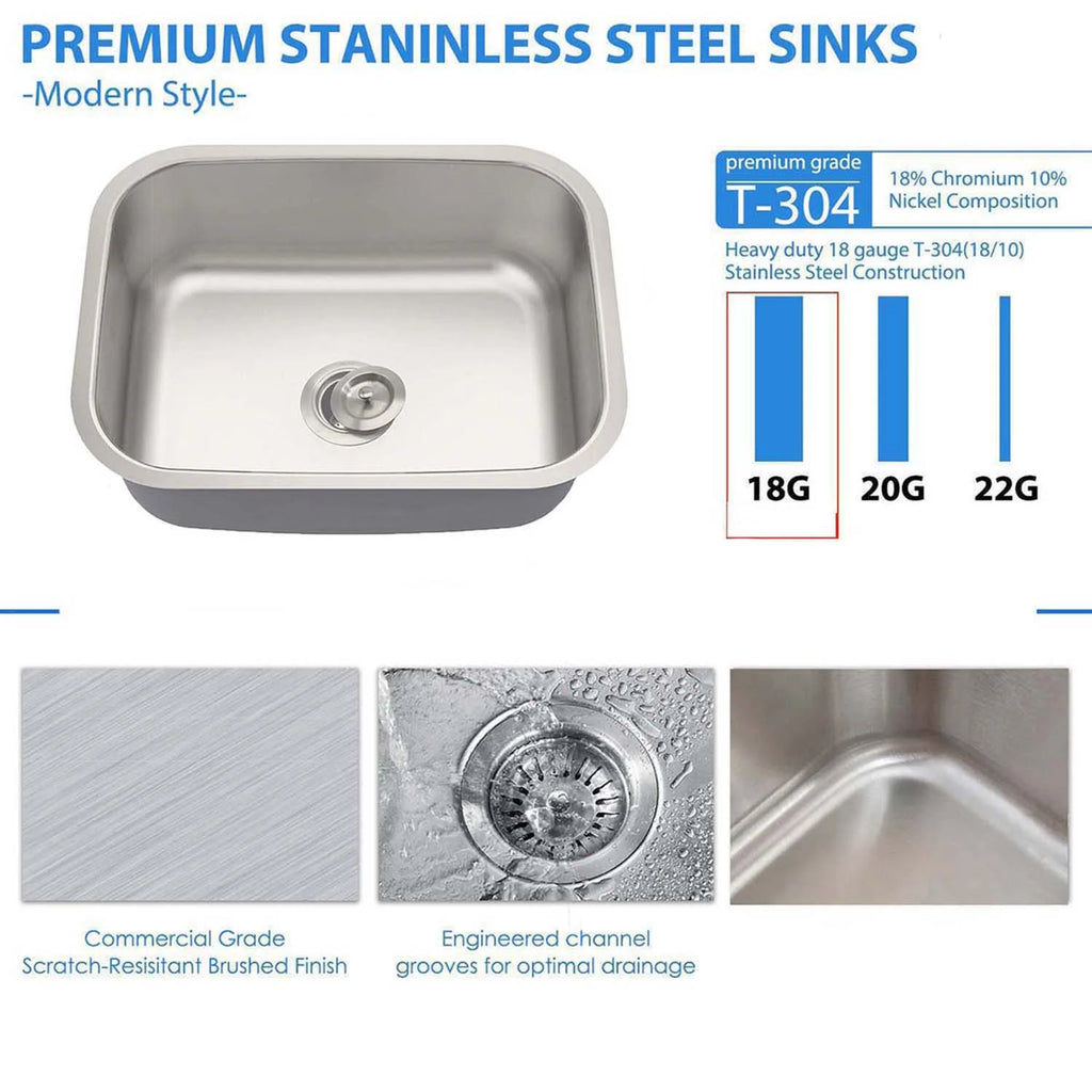 Oakland 18 Gauge 23″ Undermount Stainless Steel Single Bowl Kitchen Sink Model# KSU23189