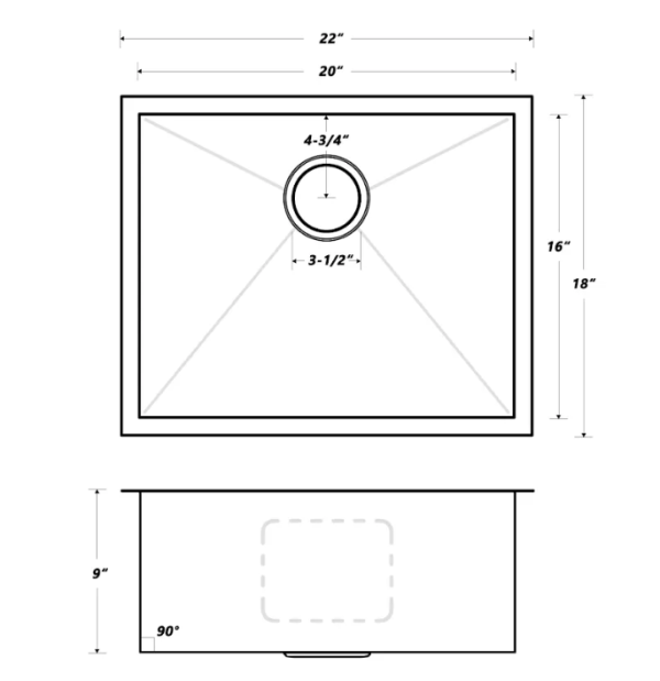 22″ Zero Radius Undermount Single Bowl Stainless Steel Kitchen Sink - Model #KSH22189S