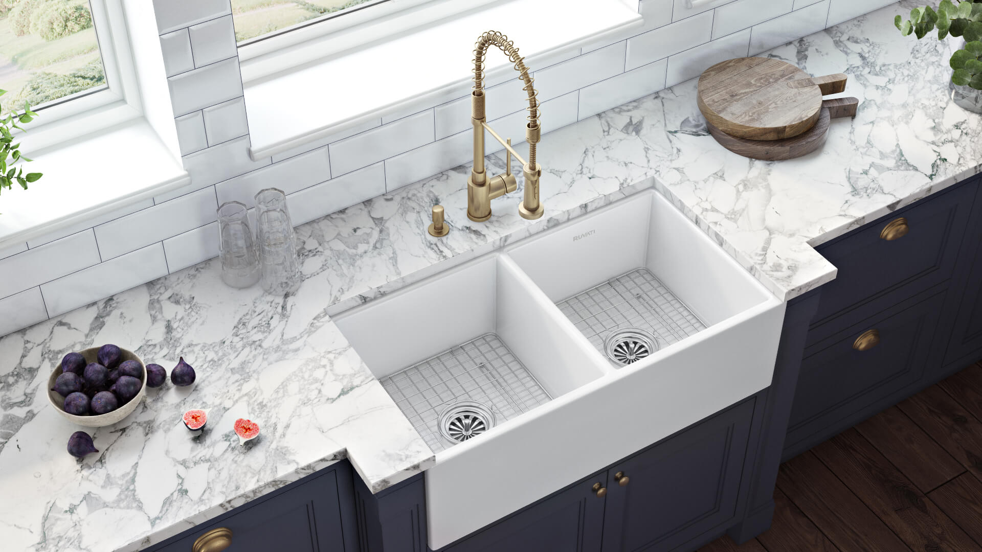 Fiamma Model: RVL2311WH Ruvati 33 x 18 inch Fireclay Farmhouse Apron-Front Kitchen Sink Double Bowl – White – RVL2311WH