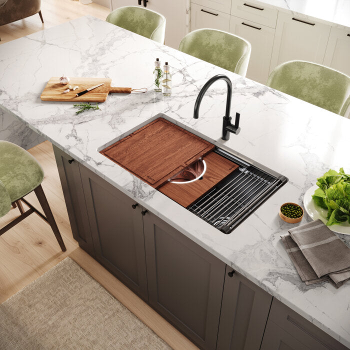 Dual-Tier Pro Ruvati 33-inch Gunmetal Black Stainless Steel Workstation Two-Tiered Ledge Kitchen Sink Undermount – Model# RVH6222BL