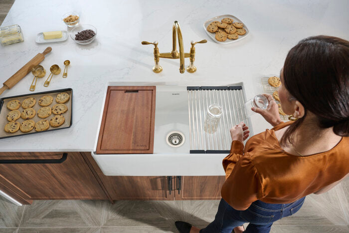 Fiore Model: RVL2387WH Ruvati 33 inch Fireclay Workstation White Farmhouse Kitchen Sink Apron Front Single Bowl – RVL2387WH