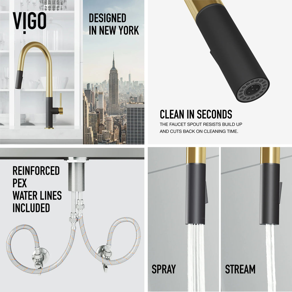 VIGO - Greenwich 18 in. Single Handle Pull-Down Kitchen Faucet In Primary Matte Brushed Gold/Matte Black Finish Model# VG02029SMBMGG