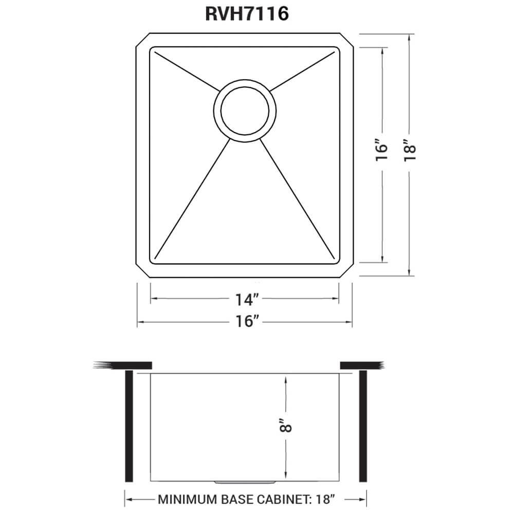 Gravena Ruvati 16" x 18" Undermount Bar Prep Kitchen Sink 16 Gauge Rounded Corners Stainless Steel Single Bowl – Model# RVH7116