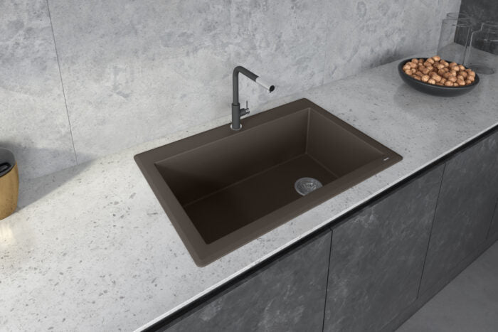 epiGranite Model: RVG1033ES Ruvati 33 x 22 inch epiGranite Drop-in Topmount Granite Composite Quartz Single Bowl Kitchen Sink – Espresso Brown – RVG1033ES