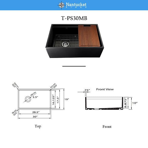 Nantucket Sinks - 30" Fireclay Reversible Workstation Farmhouse Fireclay Sink with Offset Drain and Accessories Model# T-PS30MB