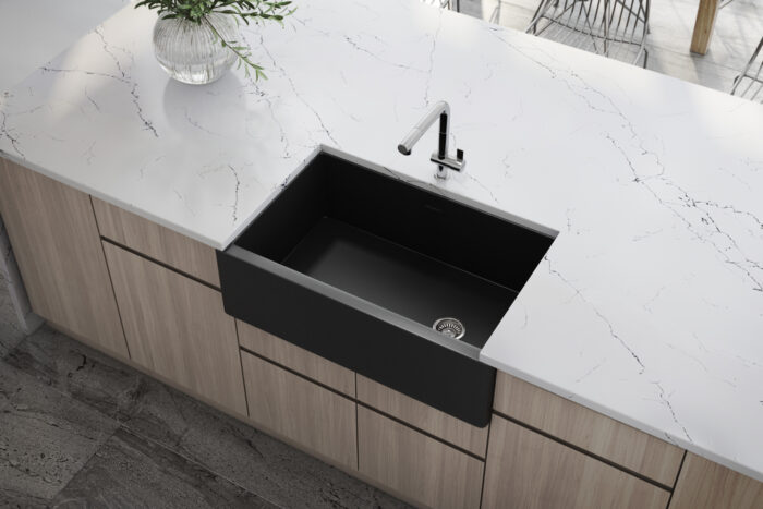 Fiamma Model: RVL4018MBK Ruvati 30-inch Matte Black Fireclay Modern Farmhouse Offset Drain Kitchen Sink Single Bowl – RVL4018MBK