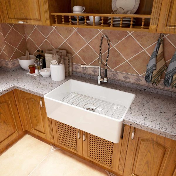 Oakland 33″ Single Bowl Porcelain Apron Farm Sink in White Model # KPF3320W-CB