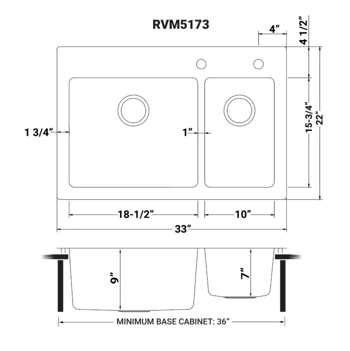Modena Model: RVM5173 Ruvati 33 x 22 inch Drop-in Topmount Kitchen Sink 16 Gauge Stainless Steel 70/30 Double Bowl – RVM5173