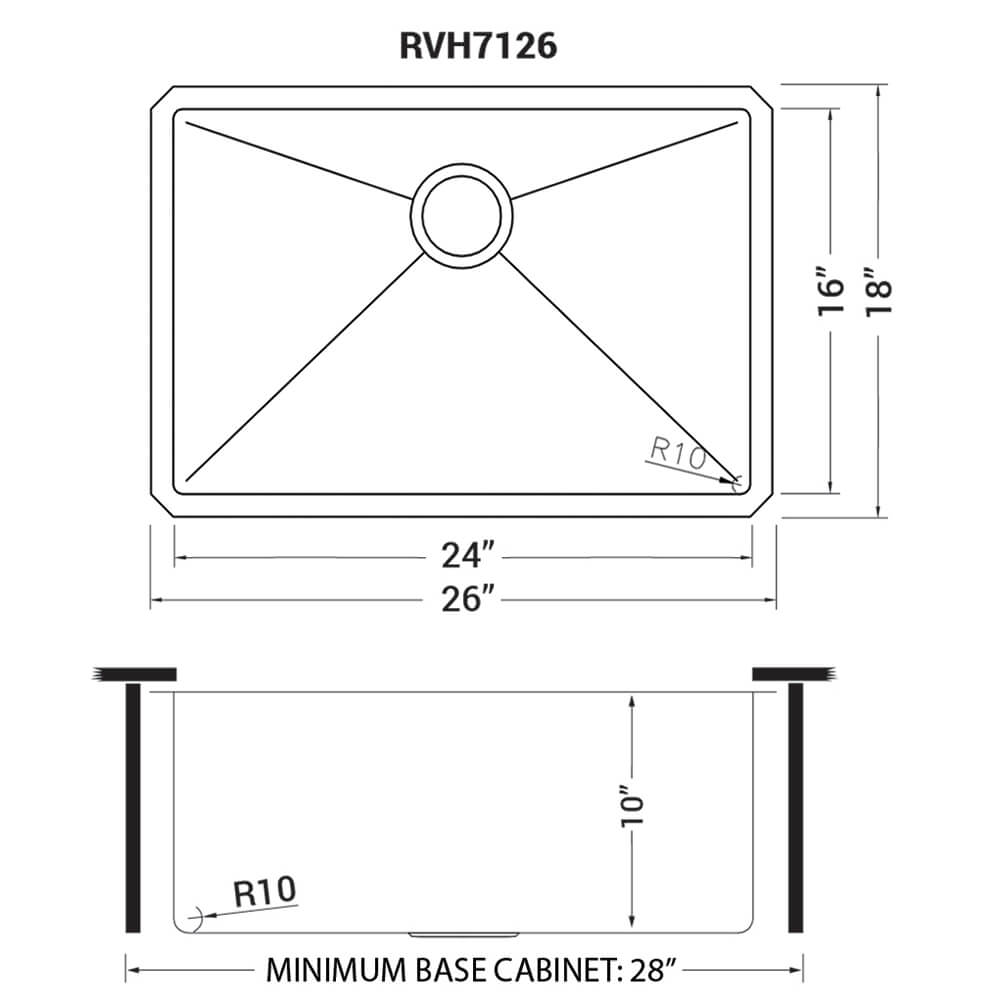 Gravena Ruvati 26-inch Undermount Stainless Steel Kitchen Sink 16 Gauge Rounded Corners Single Bowl – Model# RVH7126