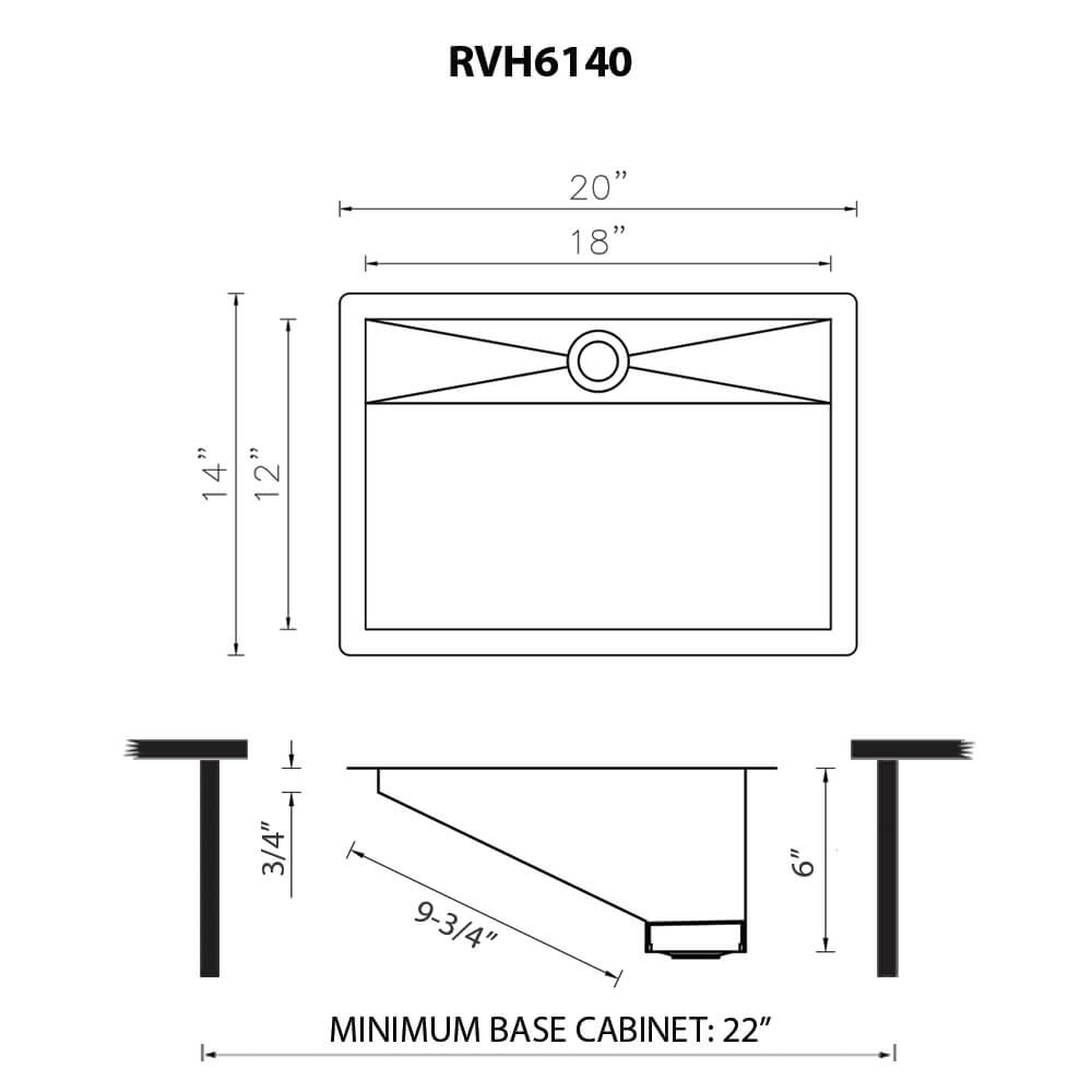 Ariaso Ruvati 20" x 14" Gunmetal Black Stainless Steel Undermount Ramp Bathroom Sink Stainless Steel – Model# RVH6140BL