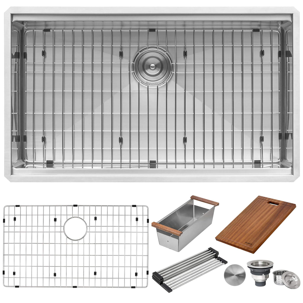 Roma Pro Model: RVH8303 Ruvati 33-inch Workstation Ledge Rounded Corners Undermount 16 Gauge Kitchen Sink Single Bowl – RVH8303