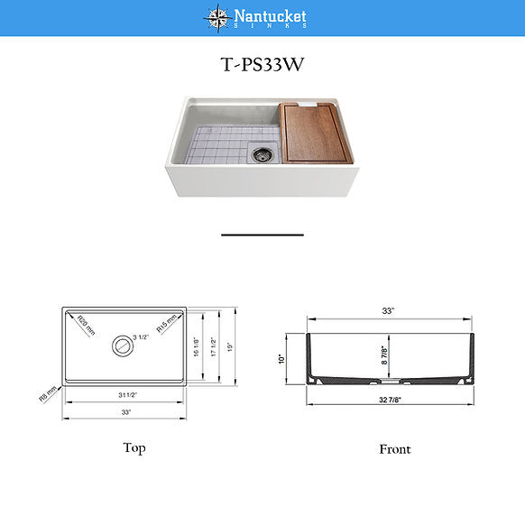 Nantucket Sinks - 33" Fireclay Reversible Workstation Farmhouse Fireclay Sink with Included Accessories Model# T-PS33W