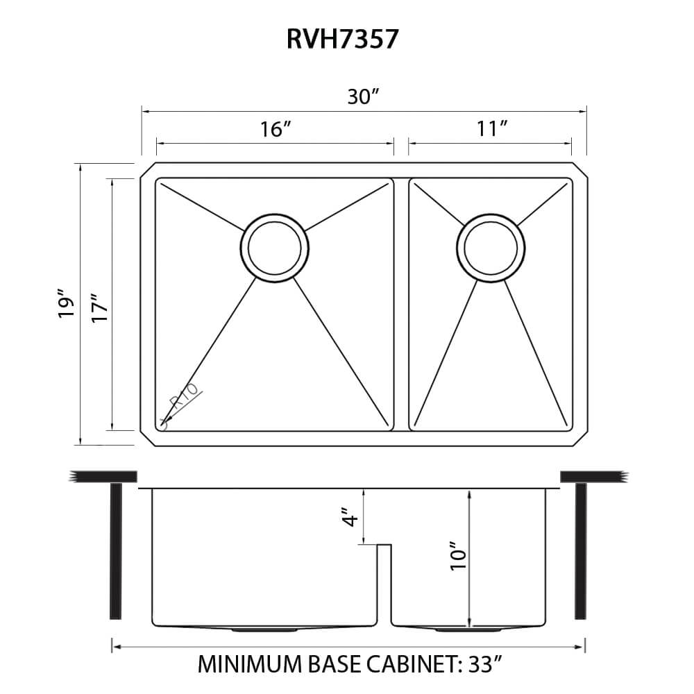 Urbana Ruvati 30" Low-Divide Undermount Rounded Corners 60/40 Double Bowl 16 Gauge Stainless Steel Kitchen Sink – Model # RVH7357