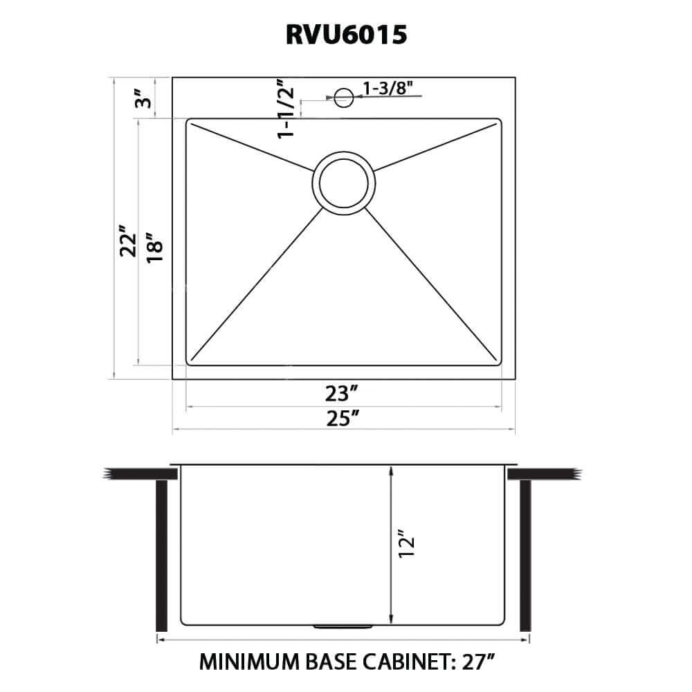 Forma Pro Model: RVU6015 Ruvati Topmount Laundry Utility Sink 25" x 22" x 12" Rounded Corners Deep 16 Gauge Stainless Steel – Model# RVU6015