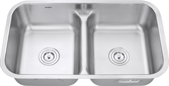 Parmi Model: RVM4350 Ruvati 32-inch Low-Divide 50/50 Double Bowl Undermount 16 Gauge Stainless Steel Kitchen Sink – RVM4350