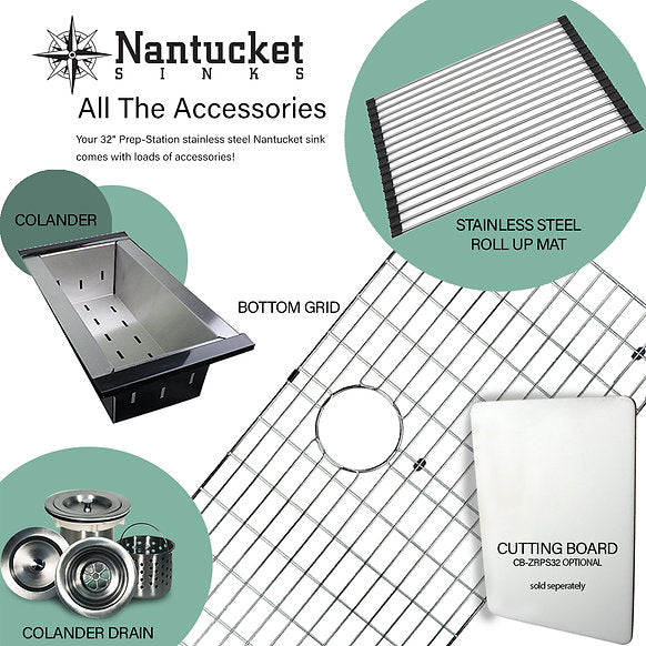 Nantucket Sinks 32" Pro Series Workstation Undermount Stainless Steel Kitchen Sink Model# ZR-PS-3220-16