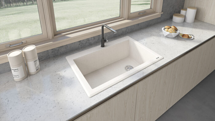 epiGranite Model: RVG1033CS Ruvati 33 x 22 inch epiGranite Drop-in Topmount Granite Composite Quartz Single Bowl Kitchen Sink – Caribbean Sand – RVG1033CS