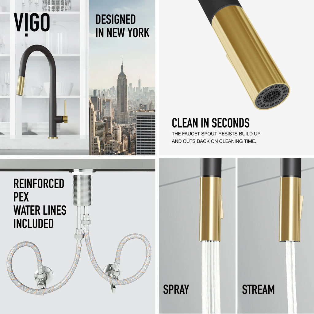 VIGO - Greenwich 18 in. Single Handle Pull-Down Kitchen Faucet In Primary Matte Black/Matte Brushed Gold Finish Model# VG02029SMBMGB