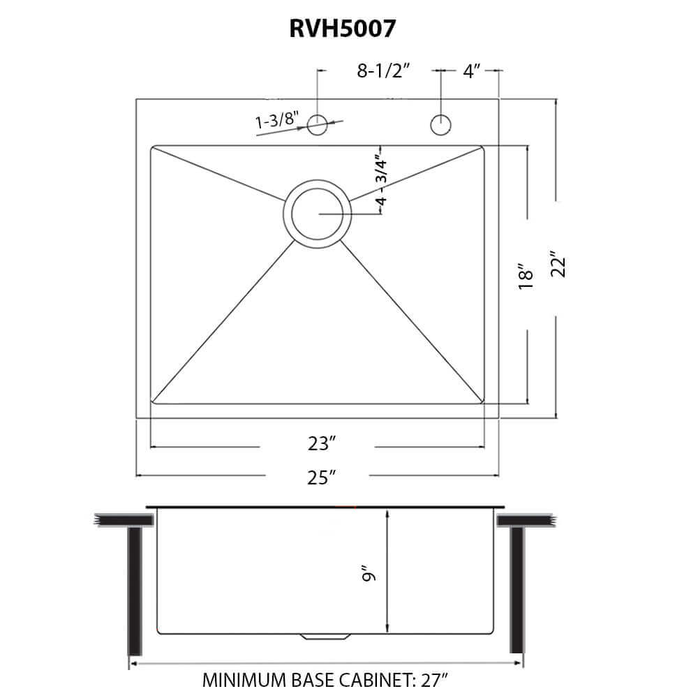 Terraza  Ruvati 25"Matte Gold Drop-in Top Mount Kitchen Sink Single Bowl – Model# RVH5007GG