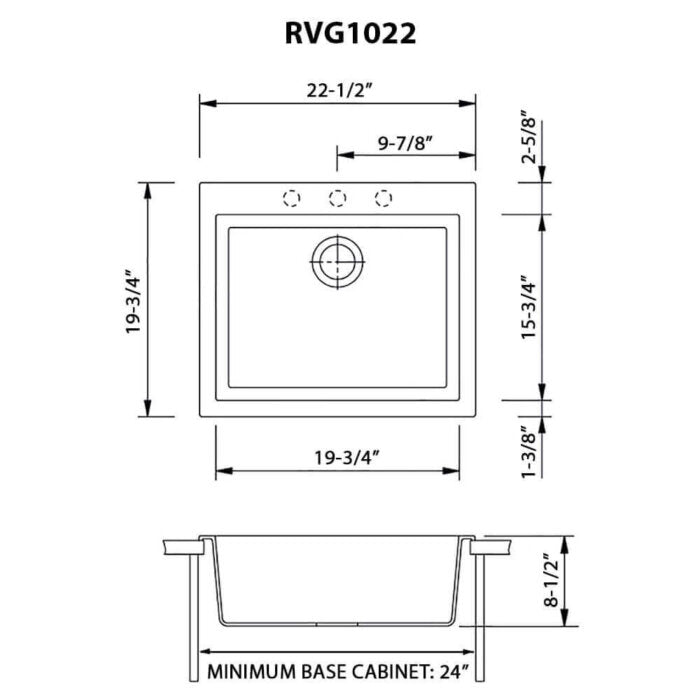 epiGranite Model: RVG1022BK Ruvati 22 x 20 inch epiGranite Drop-in Topmount Granite Composite Quartz Single Bowl Wet Bar Prep Sink – Midnight Black – RVG1022BK