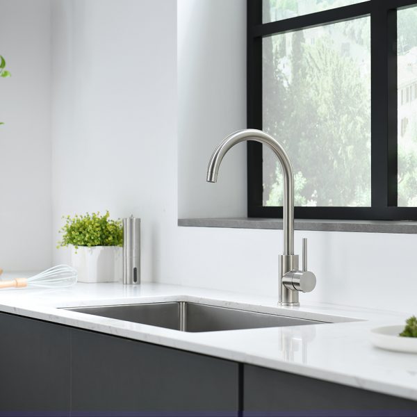 Single Handle 1 Hole High-Arc Kitchen Faucet in Brushed Nickel– Model# KSK1111BN
