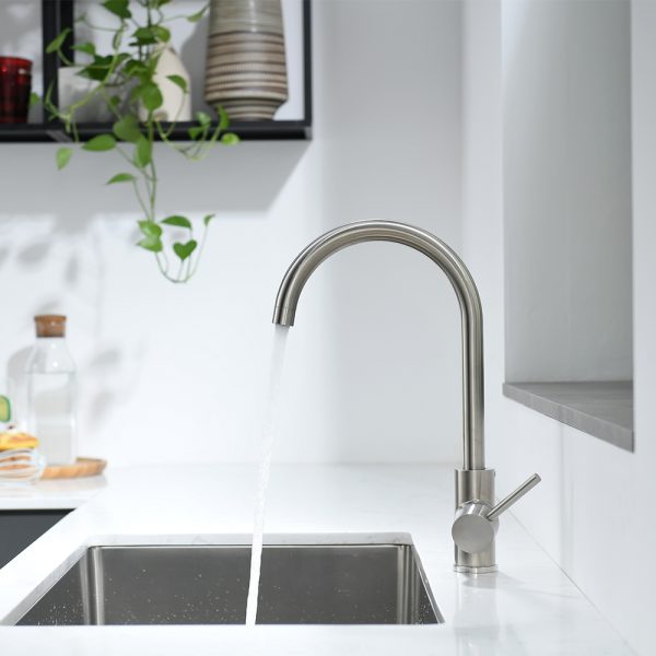 Single Handle 1 Hole High-Arc Kitchen Faucet in Brushed Nickel– Model# KSK1111BN
