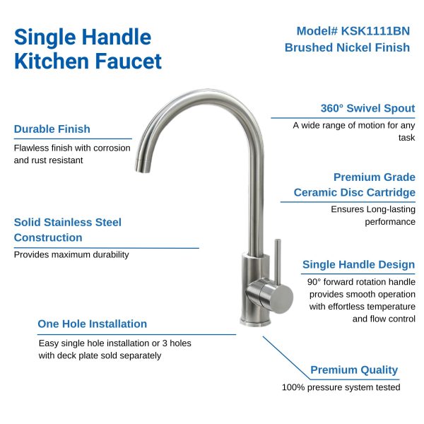 Single Handle 1 Hole High-Arc Kitchen Faucet in Brushed Nickel– Model# KSK1111BN