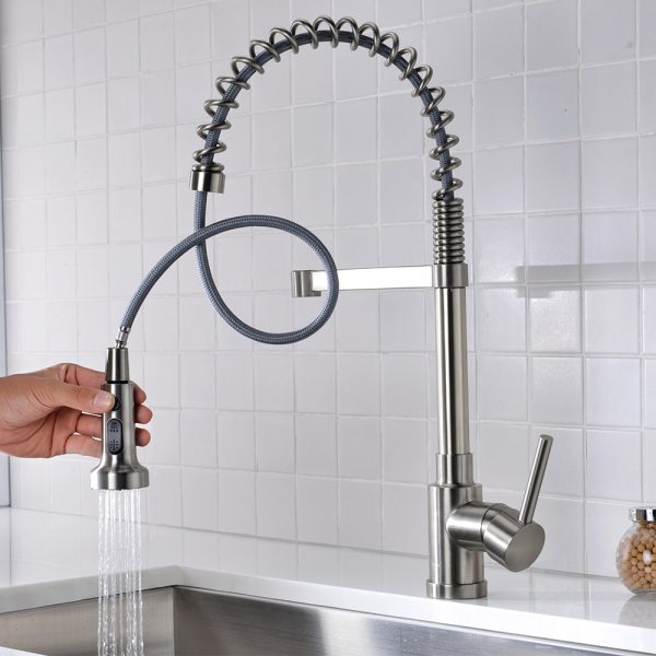 Single Handle 1 Hole Pull-Down Spring Kitchen Faucet in Brushed Nickel – Model# KSK1115BN