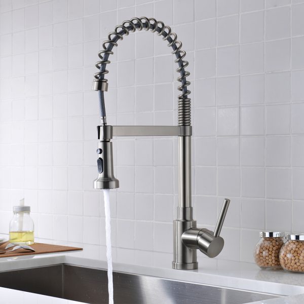 Single Handle 1 Hole Pull-Down Spring Kitchen Faucet in Brushed Nickel – Model# KSK1115BN