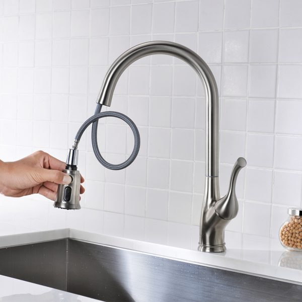 Single Handle 1 Hole Pull-Down Kitchen Faucet in Brushed Nickel – Model# KSK1117BN