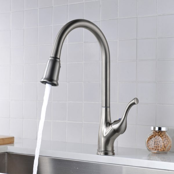 Single Handle 1 Hole Pull-Down Kitchen Faucet in Brushed Nickel – Model# KSK1117BN