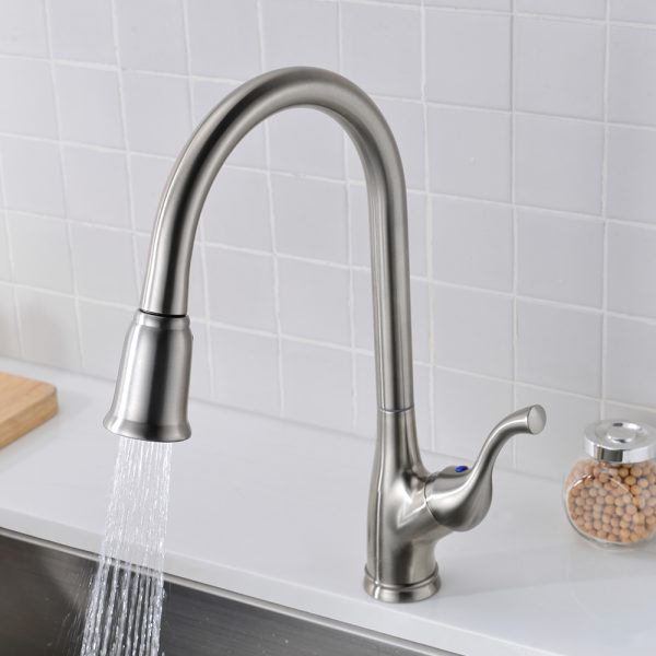 Single Handle 1 Hole Pull-Down Kitchen Faucet in Brushed Nickel – Model# KSK1117BN