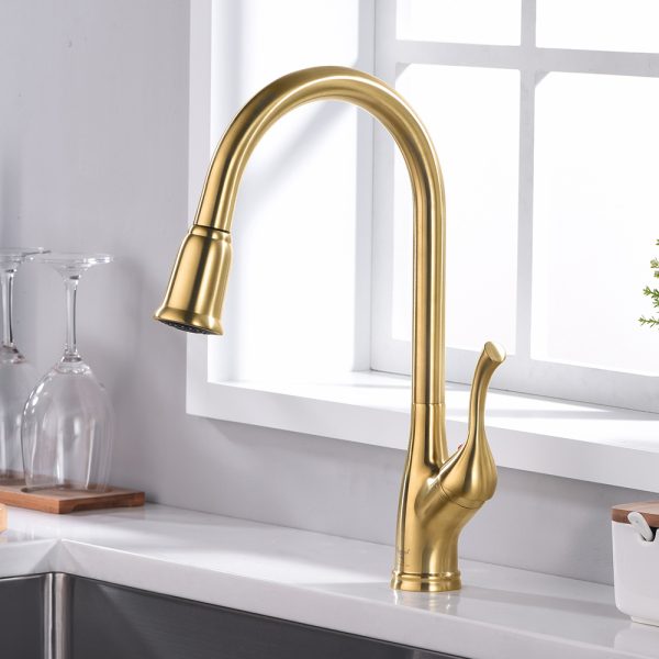 Single Handle 1 Hole Pull-Down Kitchen Faucet in Satin Gold – Model# KSK1117SG