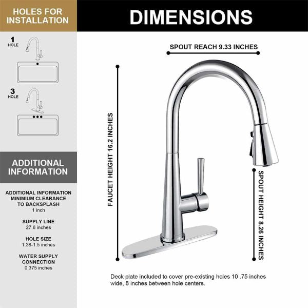Single Handle Pull-Down 1 Hole Kitchen Faucet in Chrome Model# KSK1123C