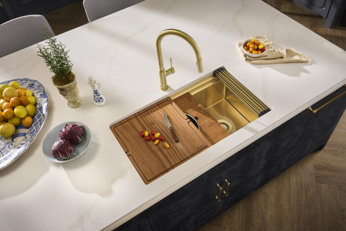 Dual-Tier Pro Ruvati 33-inch Matte Gold Stainless Steel Workstation Two-Tiered Ledge Undermount Kitchen Sink – Model# RVH6222GG