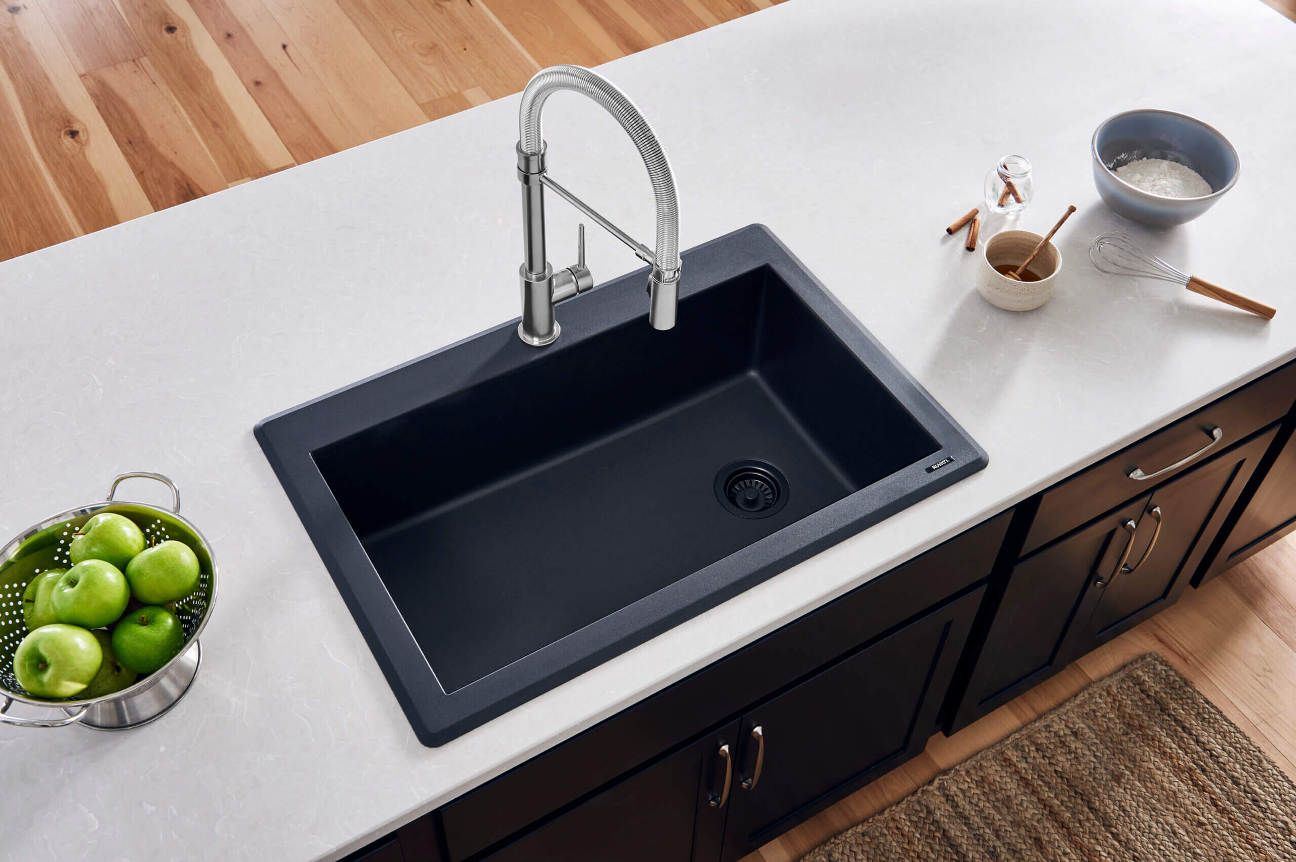 epiGranite Model: RVG1033BK Ruvati 33 x 22 inch epiGranite Drop-in Topmount Granite Composite Quartz Single Bowl Kitchen Sink – Midnight Black – RVG1033BK