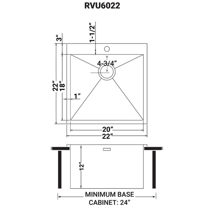 Forma Ruvati Top Mount Laundry 22″ x 22″ x 12″ Deep Utility Sink 16 Gauge Stainless Steel – Model# RVU6022