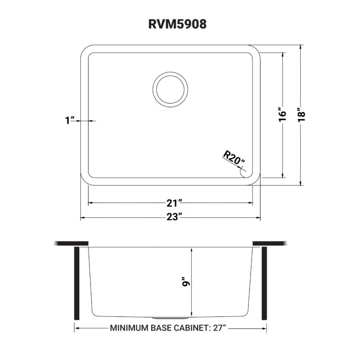Modena Model: RVM5908 Ruvati 23-inch Undermount Kitchen Sink 16 Gauge Stainless Steel Single Bowl – RVM5908