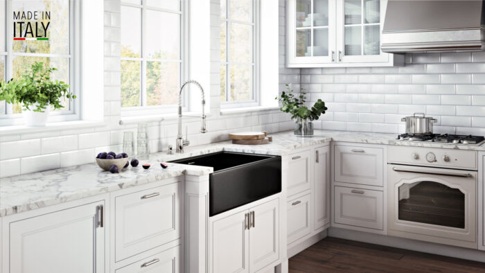 Fiamma Ruvati 33" x 20" Fireclay Reversible Farmhouse Apron-Front Kitchen Sink Single Bowl – Glossy Black – Model# RVL2300BK