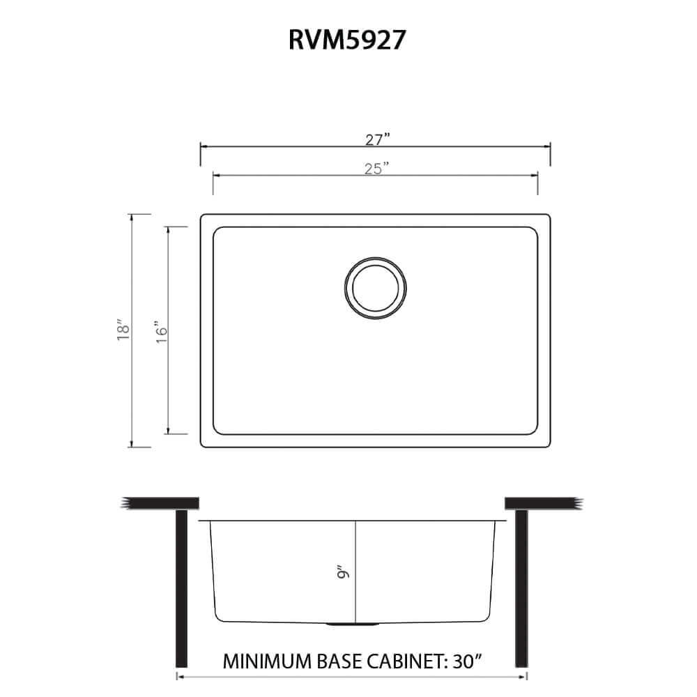 Modena Ruvati 27-inch Undermount Kitchen Sink 16 Gauge Stainless Steel Single Bowl Model# RVM5927