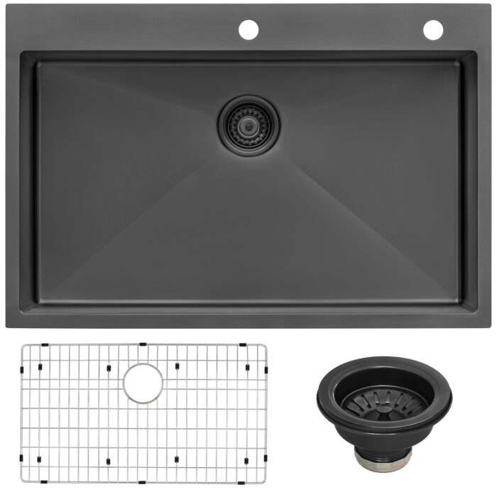 Terraza  Ruvati 33" x 22"Gunmetal Black Stainless-Steel Drop-in Top mount Kitchen Sink 16 Gauge Single Bowl – Model# RVH5005BL