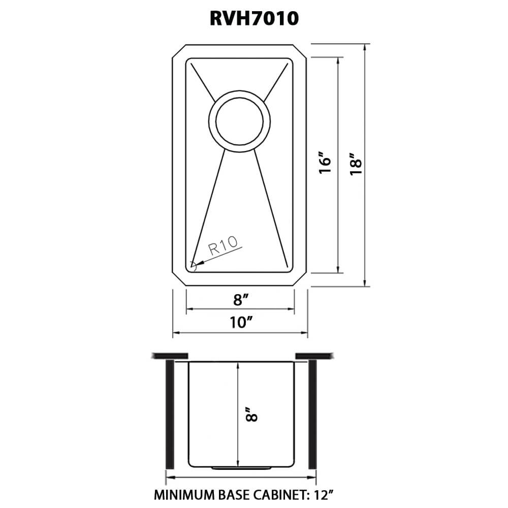 Gravena Ruvati 10" Undermount Bar Prep 16 Gauge Kitchen Sink Round Corners Stainless Steel Single Bowl – Model# RVH7010