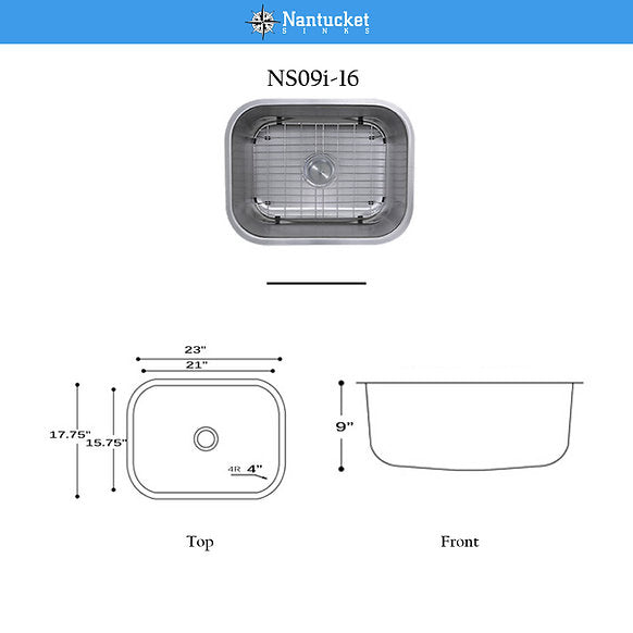 Nantucket Sinks - 23" Small Rectangle Single Bowl Undermount Stainless Steel Kitchen Sink, 16 Gauge Model# NS09i-16