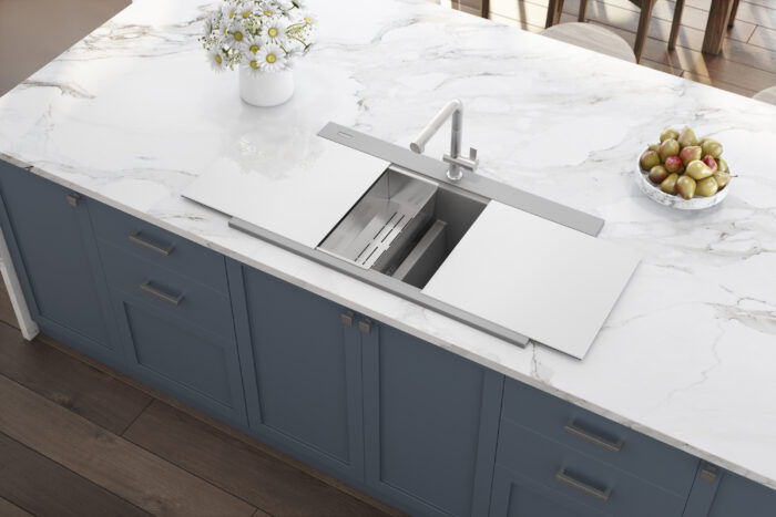 epiGranite Model: RVG1350GR Ruvati 34 inch epiGranite Drop-in Topmount Workstation Ledge Granite Composite Quartz Kitchen Sink – Silver Gray – RVG1350GR