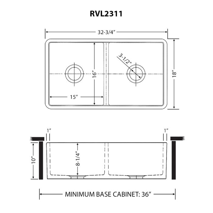 Fiamma Model: RVL2311WH Ruvati 33 x 18 inch Fireclay Farmhouse Apron-Front Kitchen Sink Double Bowl – White – RVL2311WH