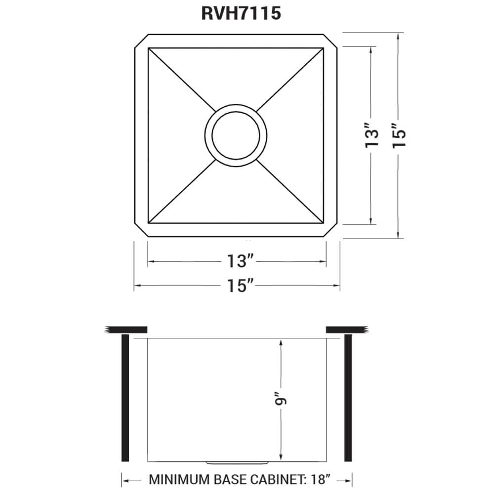 Nesta Ruvati 15" x 15"Undermount 16 Gauge Zero Radius Bar Prep Square Kitchen Sink Single Bowl – Model# RVH7115